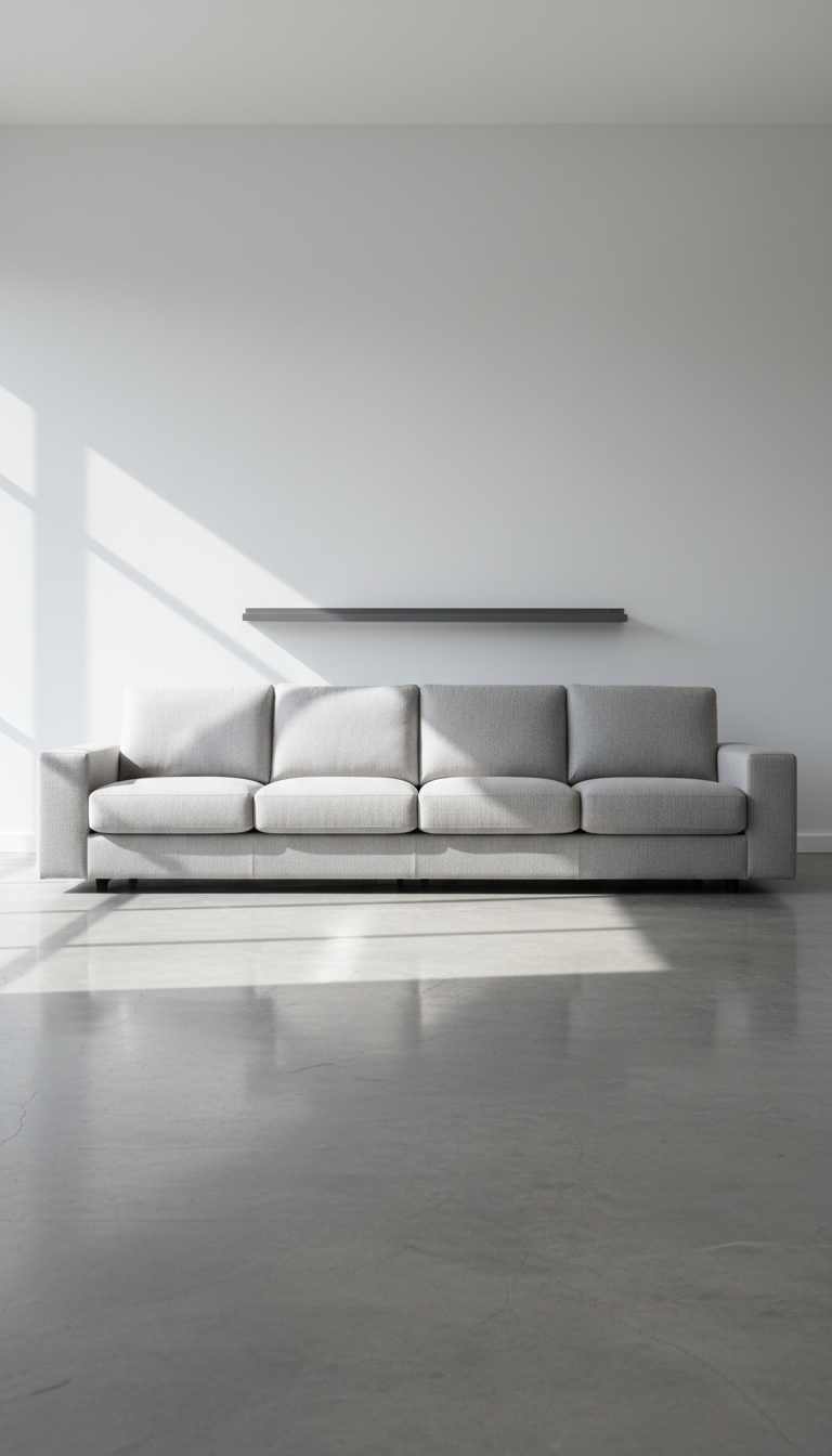 A sleek, modern sectional sofa upholstered in smooth, light gray fabric with crisp, tailored edges and minimal decorative stitching. The sofa is neatly arranged in a spacious showroom with polished concrete flooring, set against a clean, matte white wall adorned only by a slim, charcoal-gray floating shelf. Soft, natural daylight filters in from a large, unseen window, producing gentle highlights on the sofa’s upholstery and casting refined, long-edged shadows on the floor. The composition is balanced with the sectional centered, photographed from an elevated eye-level perspective with sharp focus throughout, emphasizing structured layout and product clarity. The mood is calm and inviting, radiating a sense of professionalism and trust, in line with a high-end furniture business aesthetic. Photographic realism with a clean, minimalist corporate style.