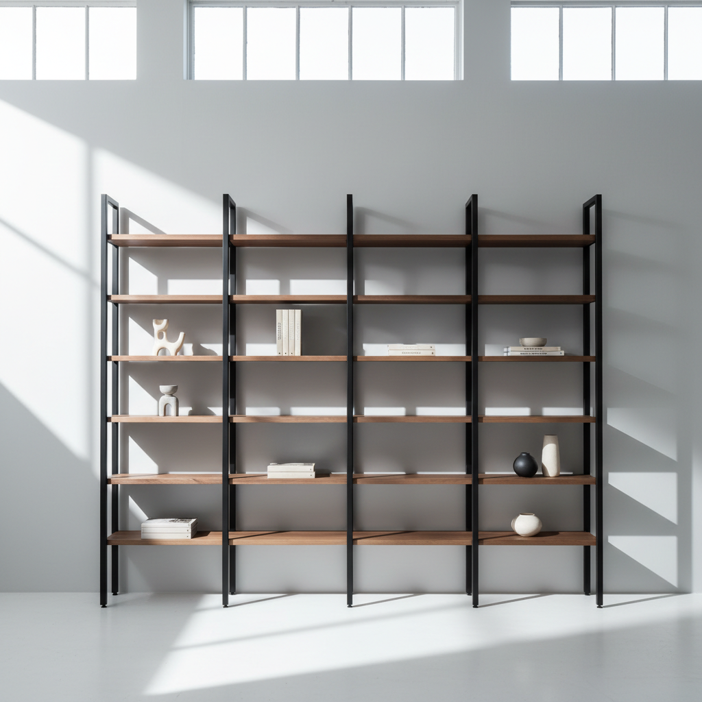 A sophisticated shelving unit constructed from powder-coated matte black steel and rich walnut, featuring precise right angles and uniform shelf spacing. The unit is placed flush against a pale gray wall in a bright, organized studio setting, with neutral white flooring and no visual clutter. Crisp, cool daylight streams in from high transom windows, accentuating the contrast between the metal and wood surfaces, and producing well-defined lines and subtle background shadows. Captured from a slightly elevated, wide-angle perspective, the photo highlights the unit’s geometric precision and ample storage space. The mood is focused and refined, conveying a sense of professionalism and contemporary taste. The composition is intentional and the style is photographic realism, embodying modern, corporate visual identity.